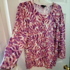 East 5th Size L Women's Knit Sweater Cardigan Pink/Purple/Cream Abstract Print